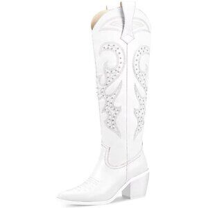 ✨ Wetkiss Cowgirl Boots Women White Faux Leather Knee High Comfort Fashion Boots